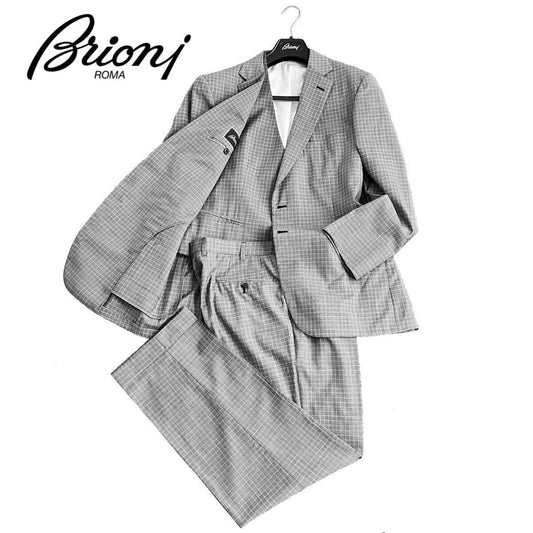 Good Condition Brioni Brioni Suit Single Vest 3 Piece Wool Check Pattern Gray BRUNICO THETA 52 Unlined Setup Genuine Hanger [h1208872701]