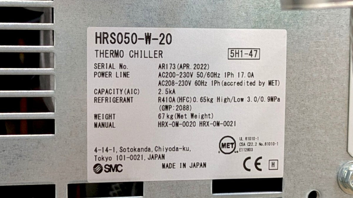 SMC HRS050-W-20 Water-Cooled Thermo Chiller Cooling Capacity 4.7 kW / 5.1 kW [q1241566256]