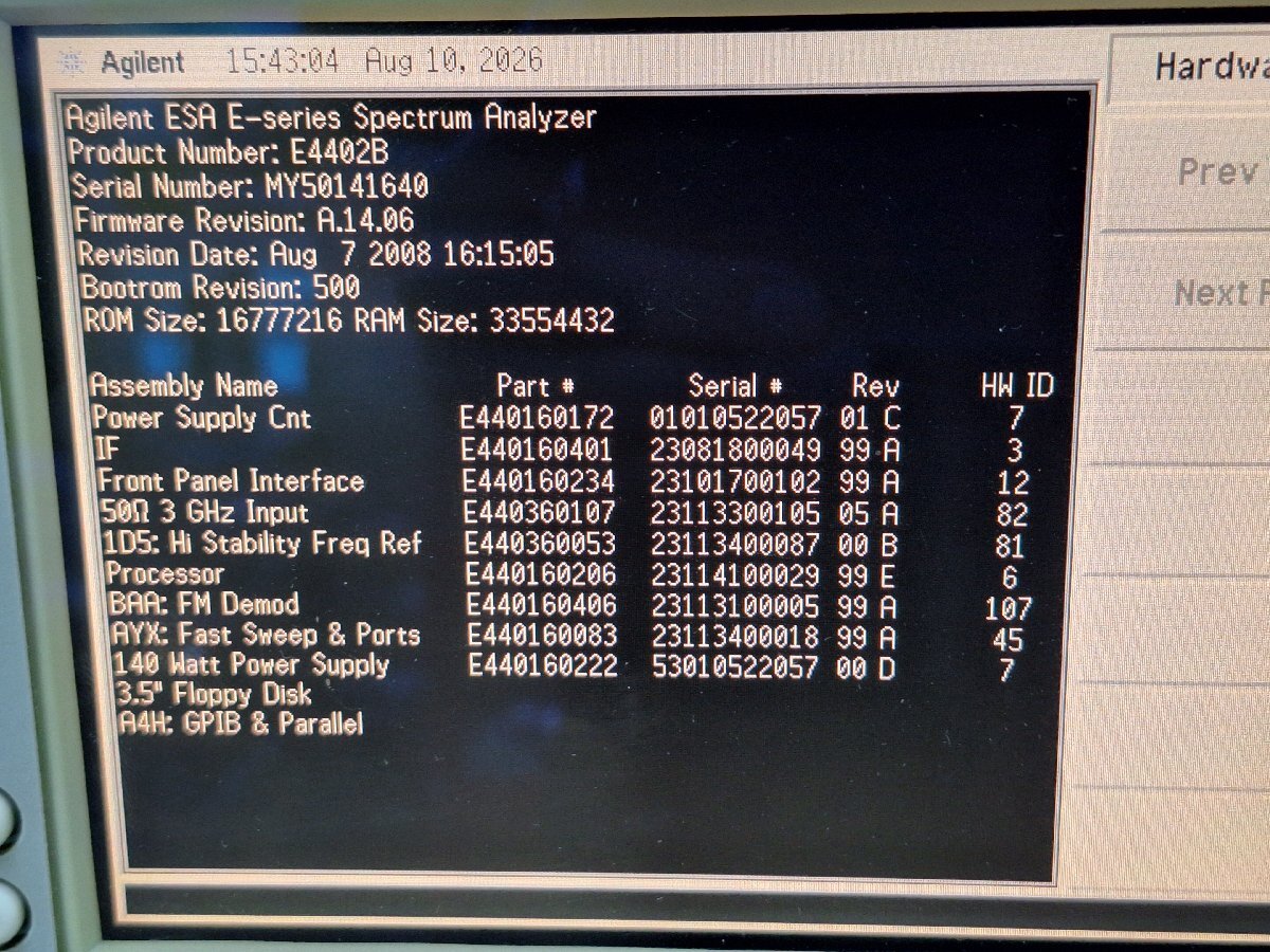 Agilent E4402B Spectrum Analyzer 9kHz-3GHz Opt. 1DS 1DR B72 1D5 A4H BAA AYX [e1242240706]