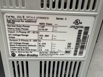 Allen-Bradley 20AE1P7A0AYNNNC0 PowerFlex 70 VFD 1HP 600V with Keypad DeviceNet [h1246809775]