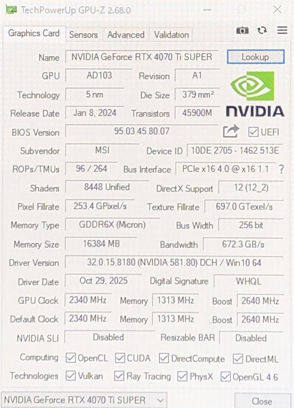 MSI NVIDIA GeForce RTX 4070 Ti SUPER Graphics Card 16GB GDDR6X [u1216638406]