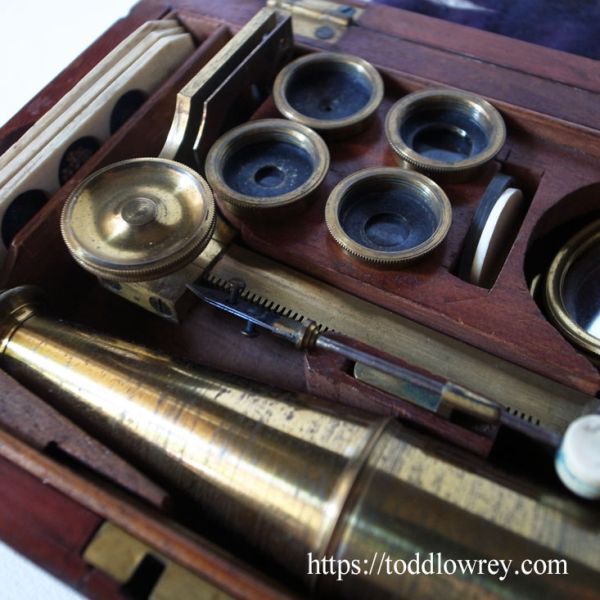 CARY-GOULD Type Microscope Antique Brass Wooden Box [c1197222741]