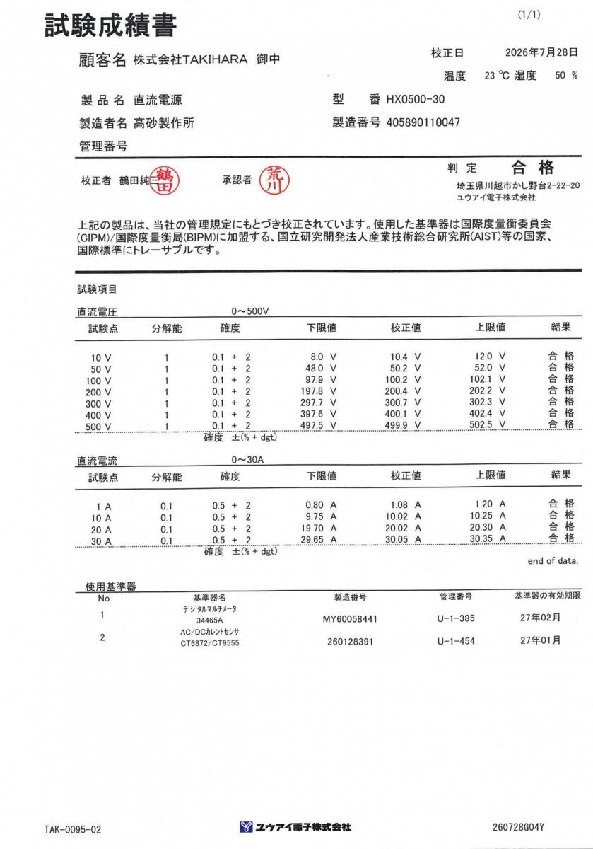 Takasago HX0500-30 DC Power Supply 0-500V 0-30A 5kW with Calibration Certificate [p1241433639]
