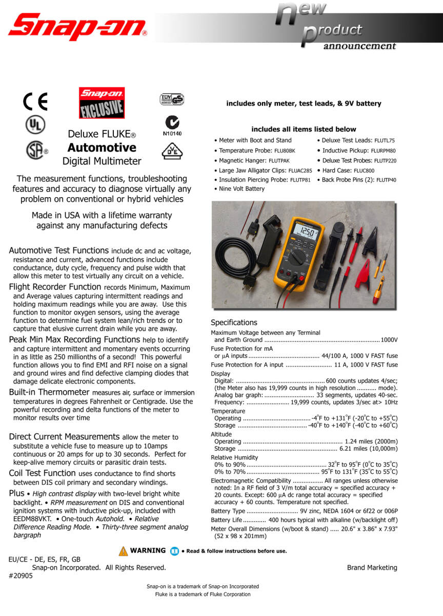 Snap-on Fluke 88VKT Automotive Digital Multi-Tester [j437923130]