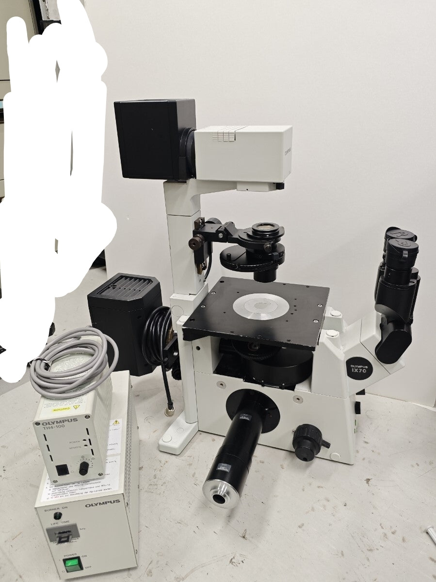 Olympus IX71S1F Inverted Fluorescence Microscope with U-MWIG2 U-MNIBA2 U-MNU2 Fluorescence Cubes and TH4-100 Light Source [w1245537638]