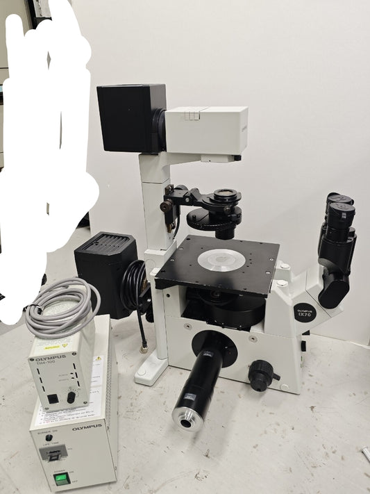 Olympus IX71S1F Inverted Fluorescence Microscope with U-MWIG2 U-MNIBA2 U-MNU2 Fluorescence Cubes and TH4-100 Light Source [w1245537638]