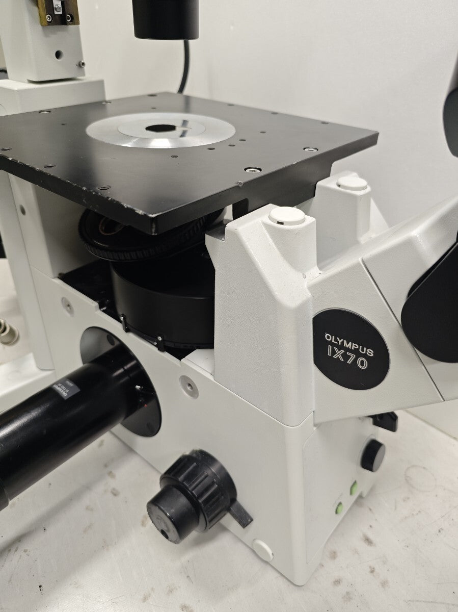 Olympus IX71S1F Inverted Fluorescence Microscope with U-MWIG2 U-MNIBA2 U-MNU2 Fluorescence Cubes and TH4-100 Light Source [w1245537638]
